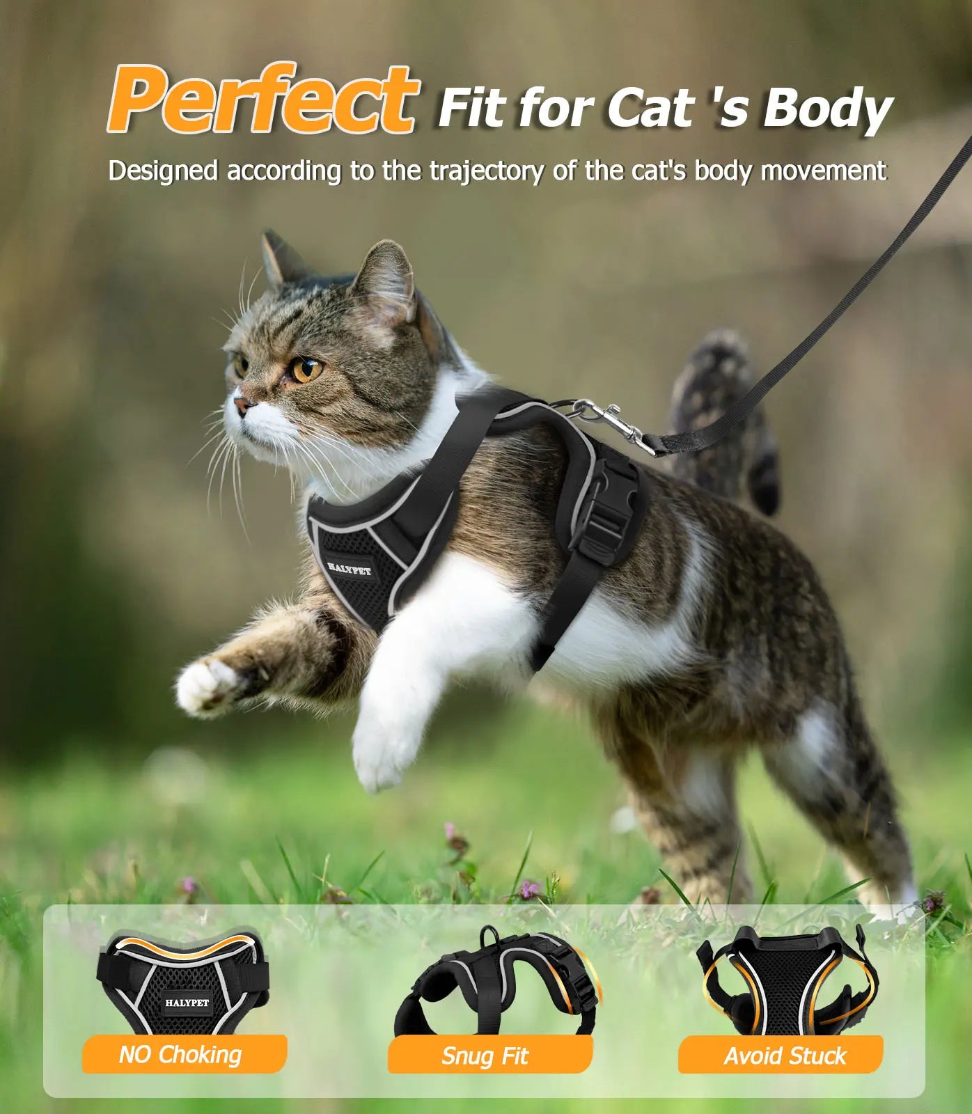 Halypet Adjustable Escape Proof Cat Harness and Leash Set, with Security Lock and Reflective Band，Mesh Harness Pet Leash Collar Custom No Pull Outdoor
