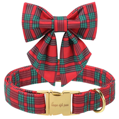 Festive Plaid Dog Collar with Bow Tie, Christmas Scottish Tartan Adjustable Collar for Small Medium Large Dogs, Ideal Holiday Autumn Winter Gift for Pets-Xs