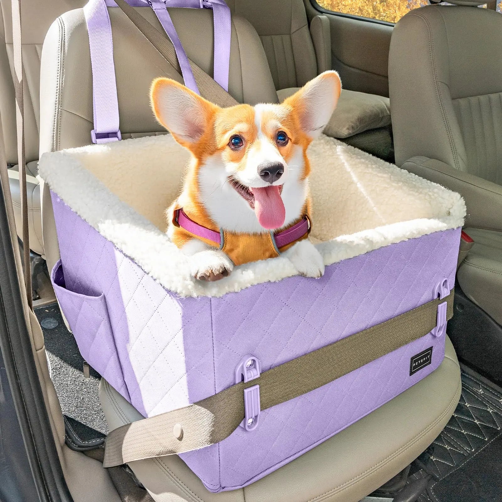 [5-Year Warranty] PETSFIT Dog Booster Car Seat, Soft Foam Cat Car Seat with Patented Safety Buckles, Storage Pockets and Detachable Clip-On Safety Leash, Dog Car Seats for Small Dogs under 30 LBS