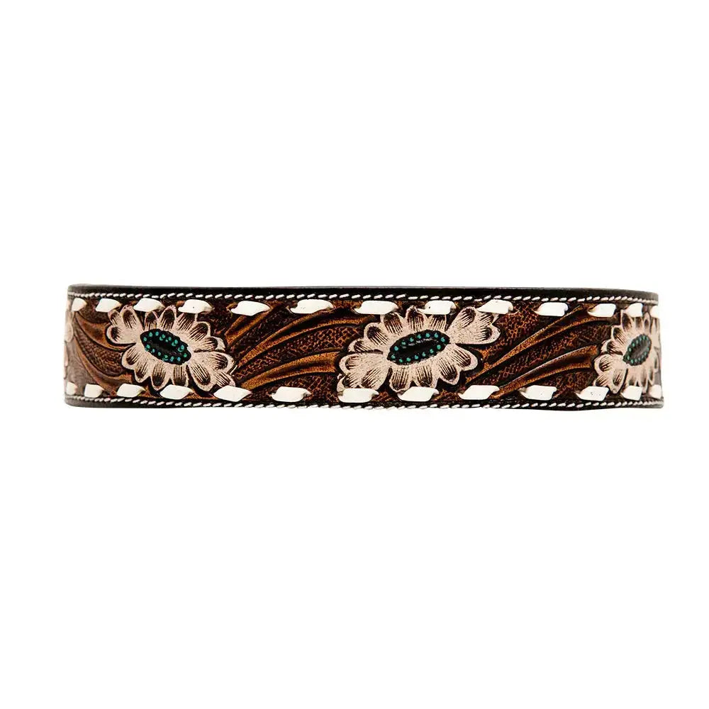WHITE TOOLED FLOWER HAND-TOOLED PADDED LEATHER DOG COLLAR