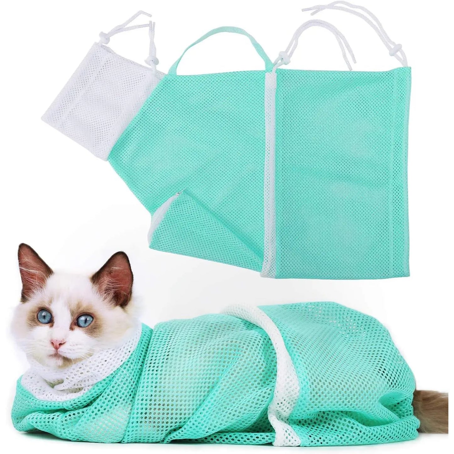Cat Bathing Grooming Bag - Multifunctional Adjustable Breathable Restraint Shower Bag with Anti-Bite and Anti-Scratch Features in Green （Not Exceeding 15.5 Lb）