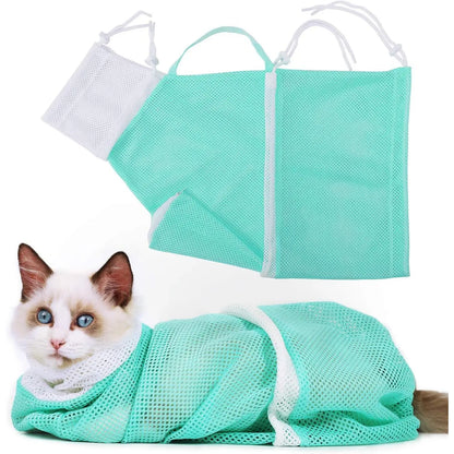 Cat Bathing Grooming Bag - Multifunctional Adjustable Breathable Restraint Shower Bag with Anti-Bite and Anti-Scratch Features in Green （Not Exceeding 15.5 Lb）