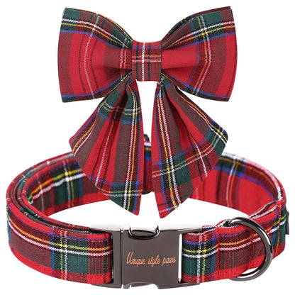 Festive Plaid Dog Collar with Bow Tie, Christmas Scottish Tartan Adjustable Collar for Small Medium Large Dogs, Ideal Holiday Autumn Winter Gift for Pets-Xs