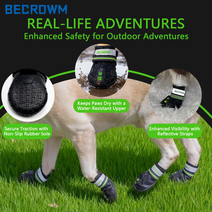 BECROWM Waterproof Dog Boots-Anti-Slip Dog Shoes with Paw Embroidery,Reflective Straps,For Rainy/Snowy/Muddy Days,Outdoor Walking