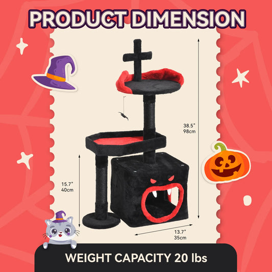 Yitahome Gothic/Christmas Cat Tree with Coffin Bed, Cat Tower for Cats with Top Perch, Spacious Cat Condos, Comfy Hammock, Scratching Post and Ladder