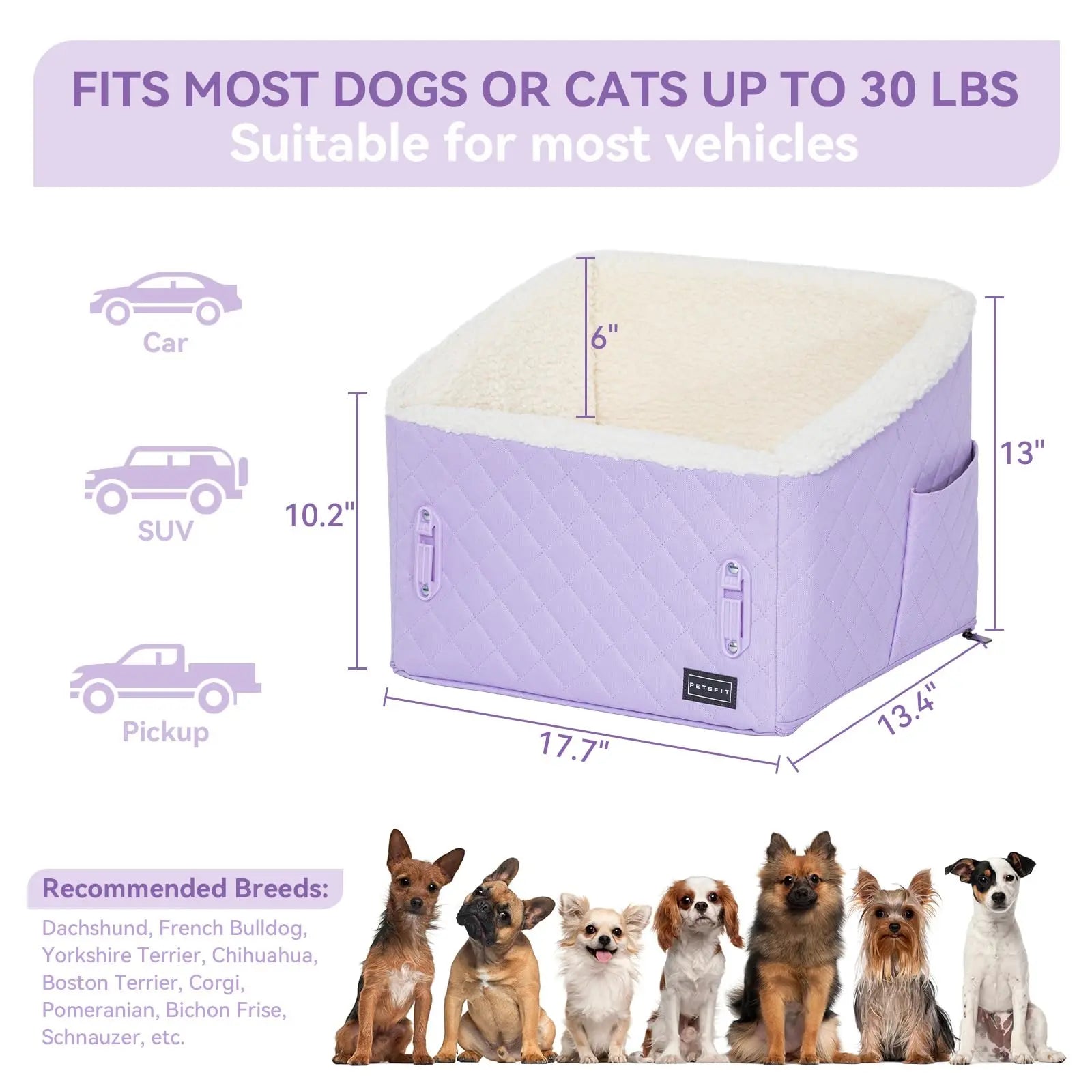 [5-Year Warranty] PETSFIT Dog Booster Car Seat, Soft Foam Cat Car Seat with Patented Safety Buckles, Storage Pockets and Detachable Clip-On Safety Leash, Dog Car Seats for Small Dogs under 30 LBS