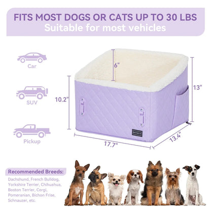 [5-Year Warranty] PETSFIT Dog Booster Car Seat, Soft Foam Cat Car Seat with Patented Safety Buckles, Storage Pockets and Detachable Clip-On Safety Leash, Dog Car Seats for Small Dogs under 30 LBS