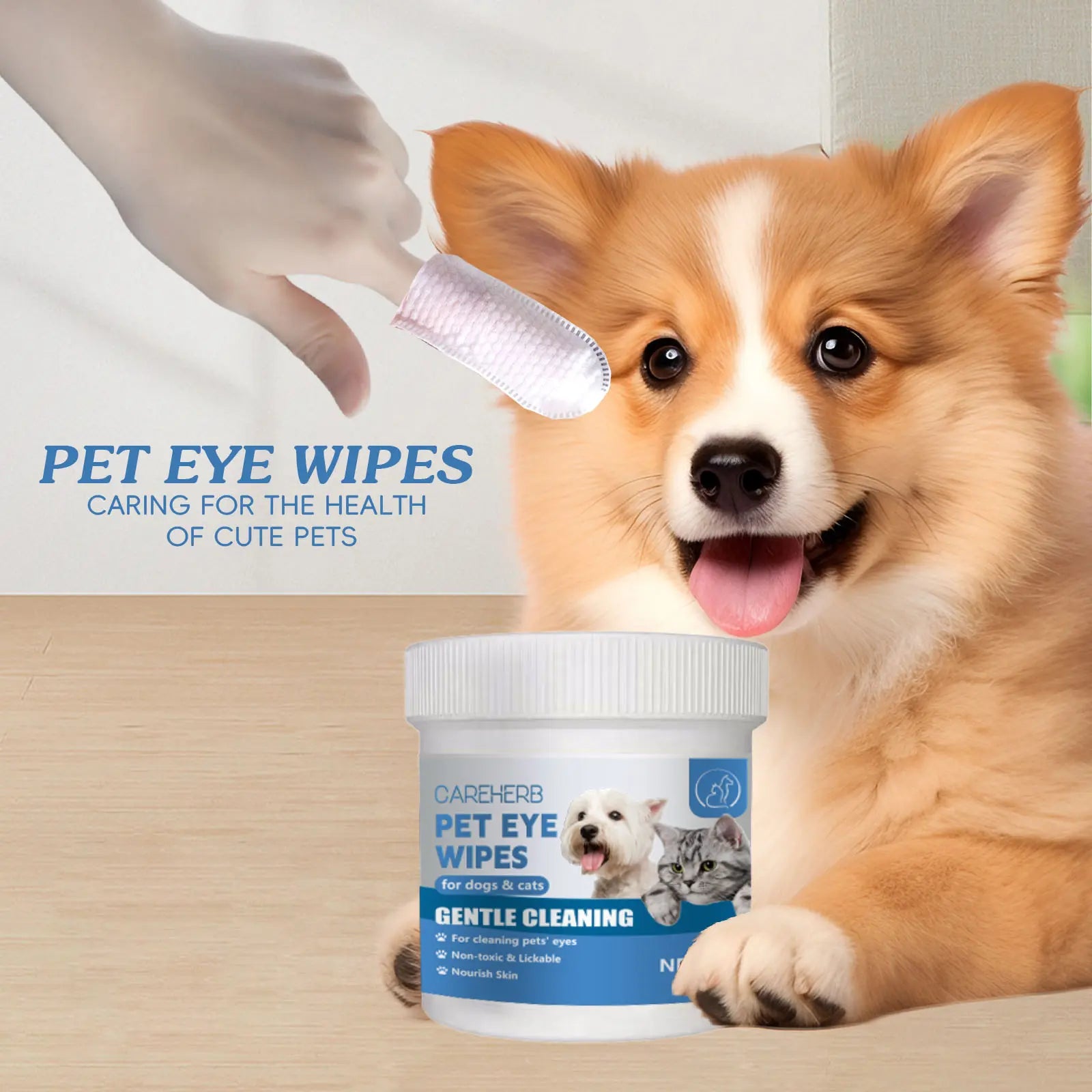 Careherb PET Eyes Wipes for Dogs & Cats - Gently Remove Tear Stain, Debris, Discharge, Crust - Coconut Oil Pet Cleaning Grooming Deodorizing Wipes Wash Cleaner for Eyes, Wrinkle, Face - 50Pcs
