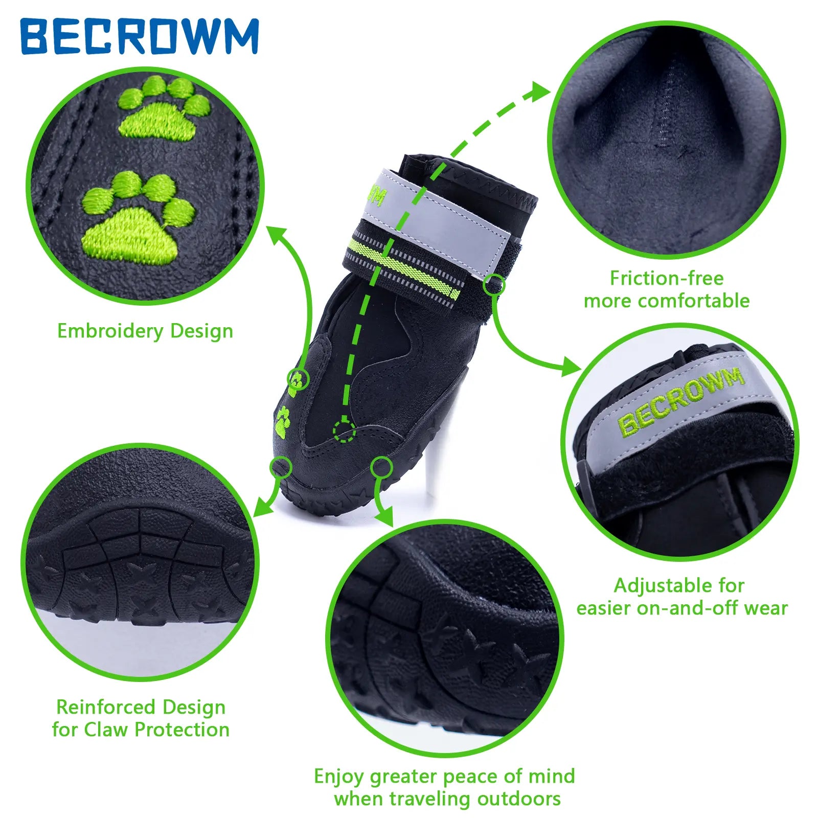 BECROWM Waterproof Dog Boots-Anti-Slip Dog Shoes with Paw Embroidery,Reflective Straps,For Rainy/Snowy/Muddy Days,Outdoor Walking