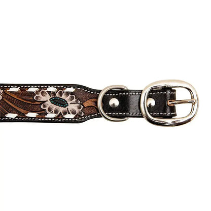 WHITE TOOLED FLOWER HAND-TOOLED PADDED LEATHER DOG COLLAR