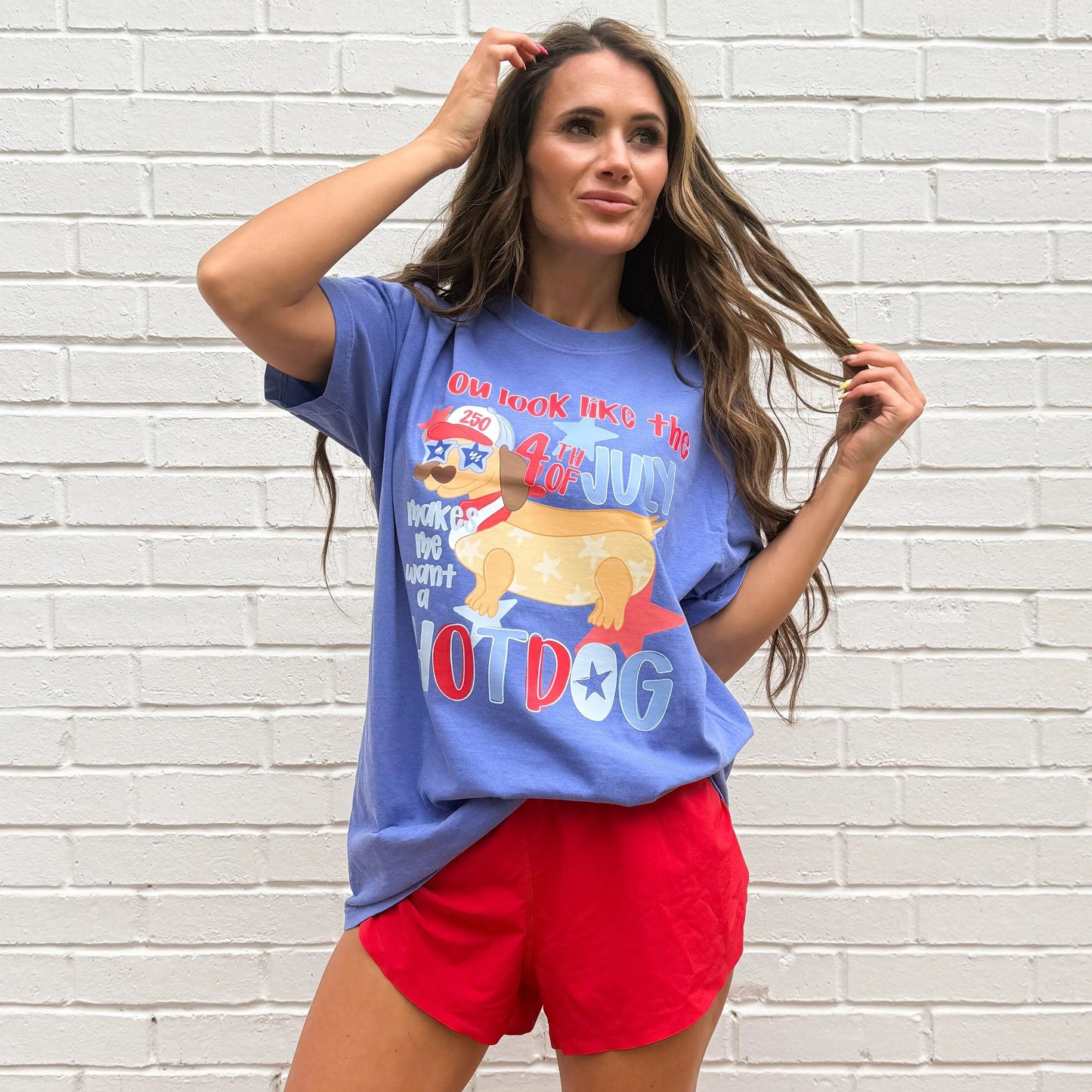 Dachshund Patriotic 4th of July Hotdog T-Shirt in Red, White, and Blue