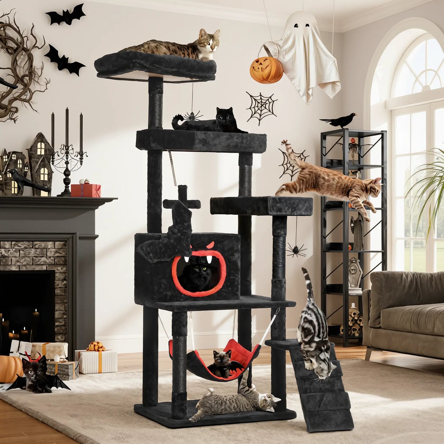 Yitahome Gothic/Christmas Cat Tree with Coffin Bed, Cat Tower for Cats with Top Perch, Spacious Cat Condos, Comfy Hammock, Scratching Post and Ladder