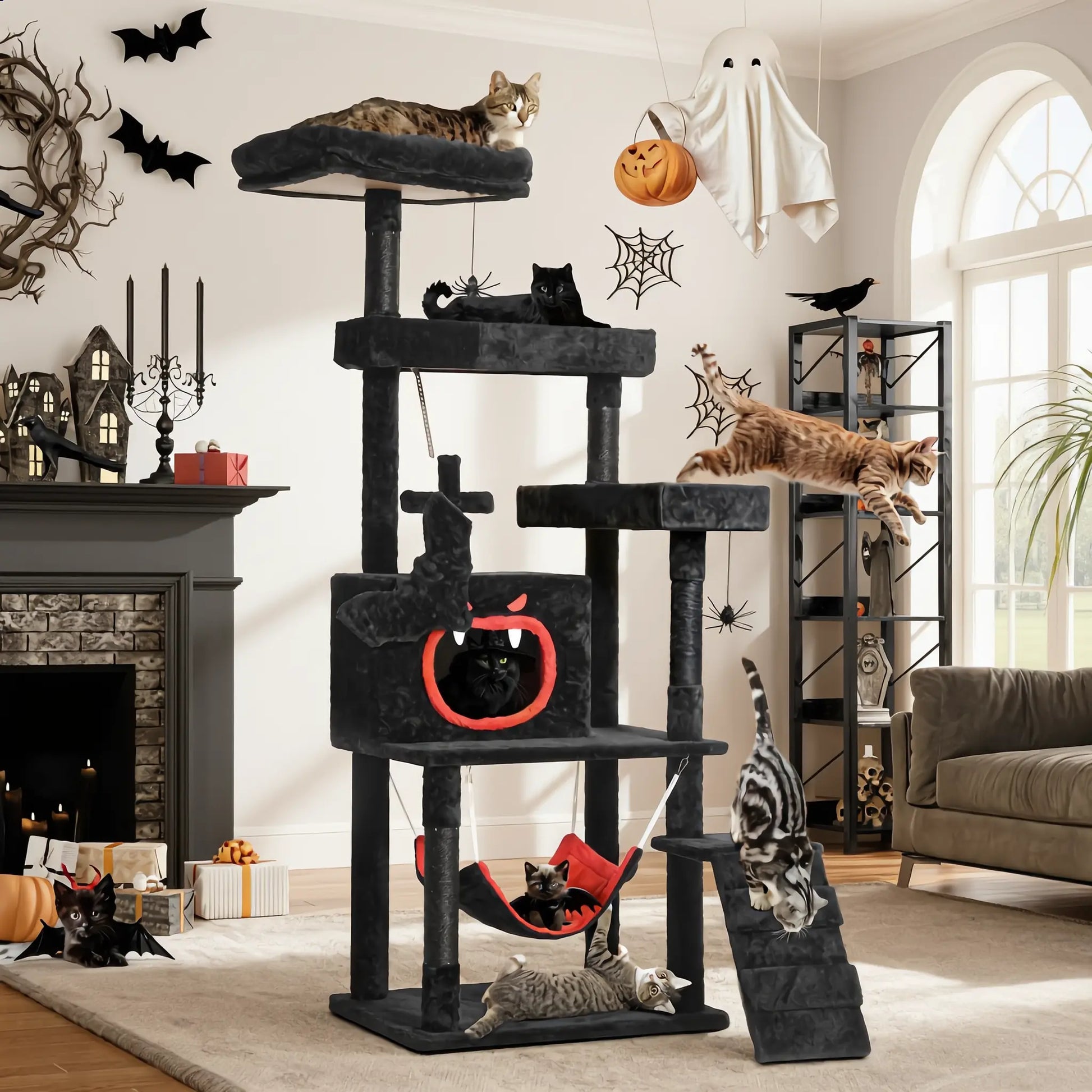 Yitahome Gothic/Christmas Cat Tree with Coffin Bed, Cat Tower for Cats with Top Perch, Spacious Cat Condos, Comfy Hammock, Scratching Post and Ladder