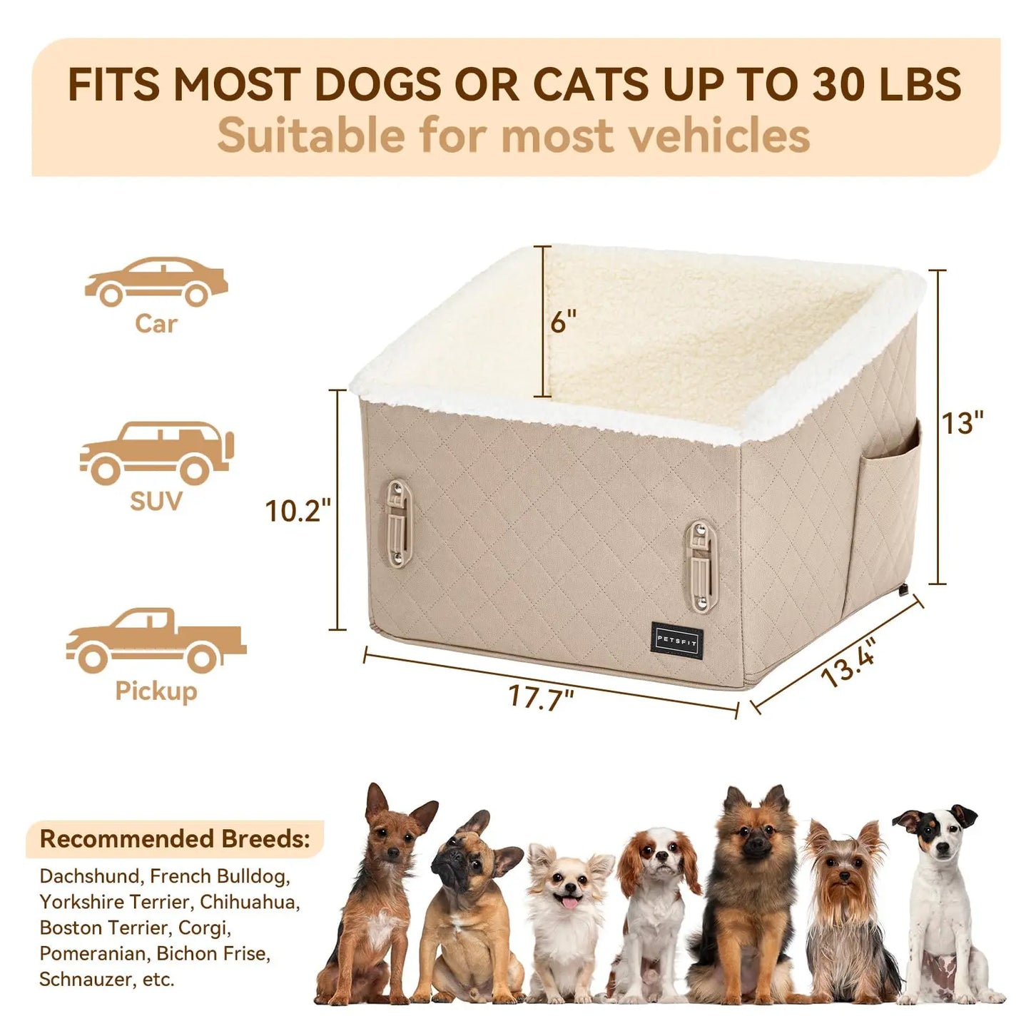 [5-Year Warranty] PETSFIT Dog Booster Car Seat, Soft Foam Cat Car Seat with Patented Safety Buckles, Storage Pockets and Detachable Clip-On Safety Leash, Dog Car Seats for Small Dogs under 30 LBS
