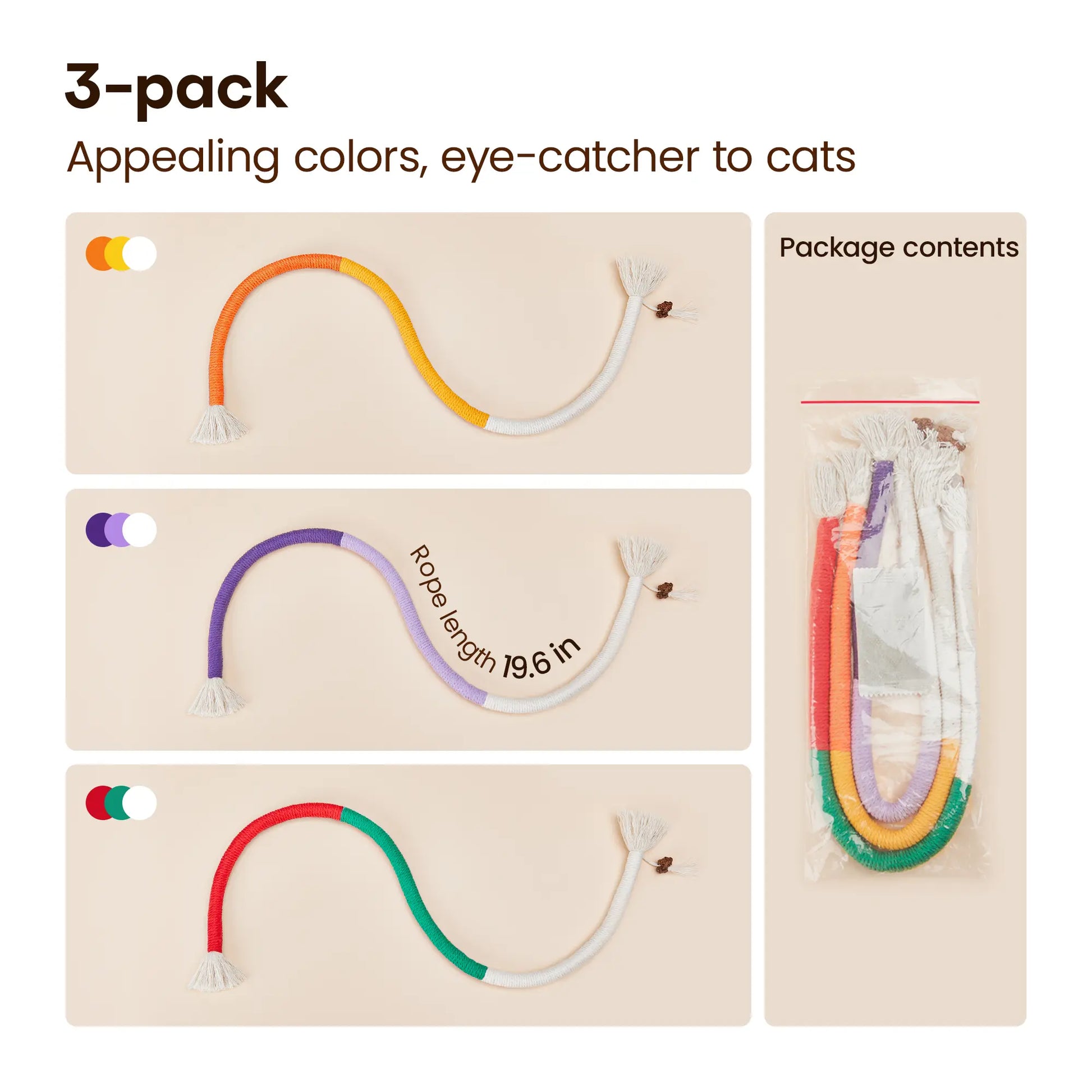 Potaroma 3-Piece Cat Chew Rope Toys for Safe Dental Care and Interactive Calming Play for Indoor Kittens