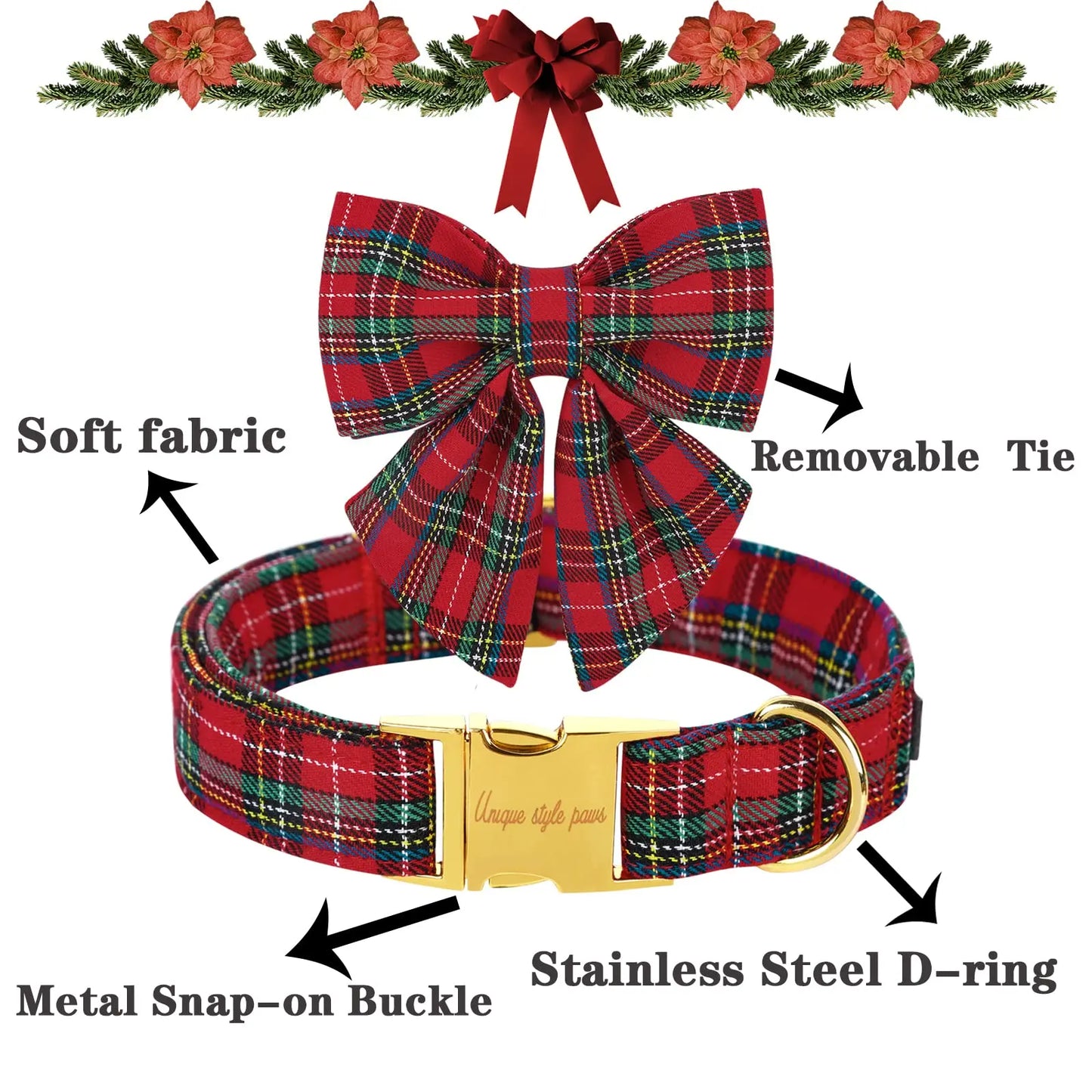 Festive Plaid Dog Collar with Bow Tie, Christmas Scottish Tartan Adjustable Collar for Small Medium Large Dogs, Ideal Holiday Autumn Winter Gift for Pets-Xs
