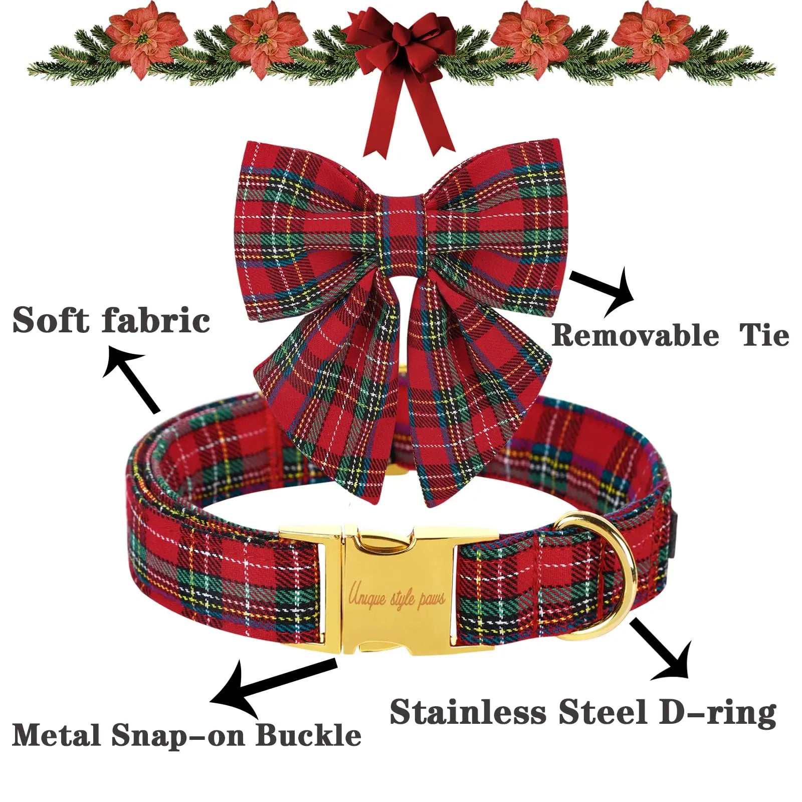 Festive Plaid Dog Collar with Bow Tie, Christmas Scottish Tartan Adjustable Collar for Small Medium Large Dogs, Ideal Holiday Autumn Winter Gift for Pets-Xs