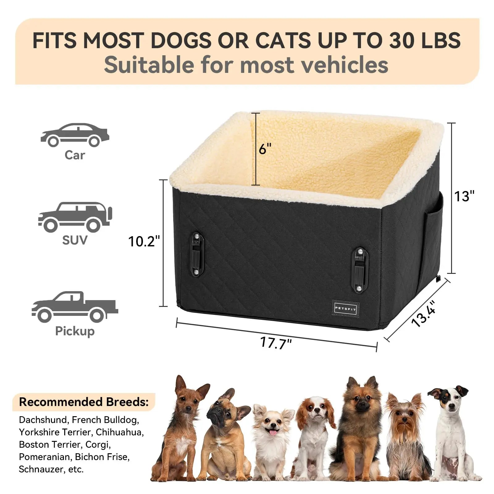 [5-Year Warranty] PETSFIT Dog Booster Car Seat, Soft Foam Cat Car Seat with Patented Safety Buckles, Storage Pockets and Detachable Clip-On Safety Leash, Dog Car Seats for Small Dogs under 30 LBS
