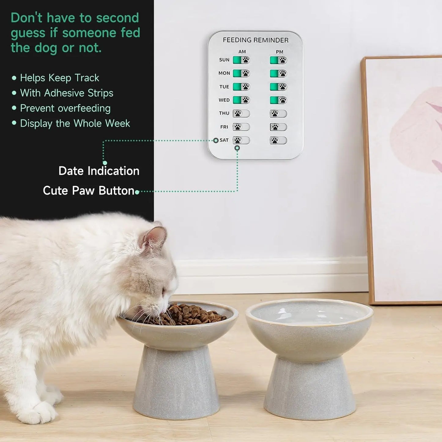Dog Feeding Reminder, Magnetic or Double Sided Adhesive Application, AM/PM Daily Chart Signs, Helps You Track Pets Feeding & Medication, Easy to Use on Fridge, Wall, Food Storage Bin (Silver)