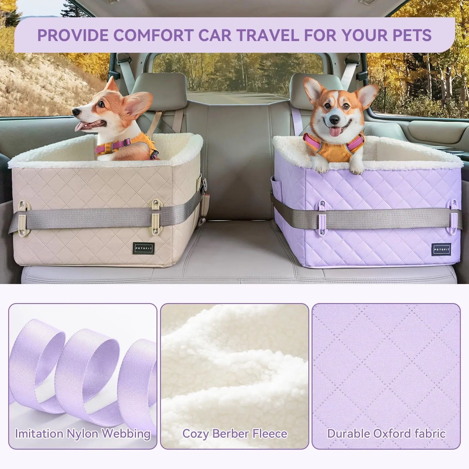 [5-Year Warranty] PETSFIT Dog Booster Car Seat, Soft Foam Cat Car Seat with Patented Safety Buckles, Storage Pockets and Detachable Clip-On Safety Leash, Dog Car Seats for Small Dogs under 30 LBS