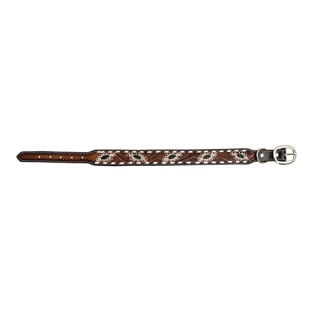 WHITE TOOLED FLOWER HAND-TOOLED PADDED LEATHER DOG COLLAR